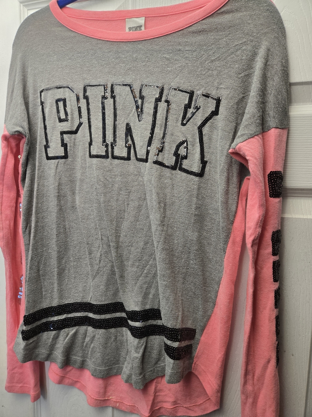 Victoria's Secret PINK Gray & Pink Long Sleeve T-Shirt With Silver & Black Bling